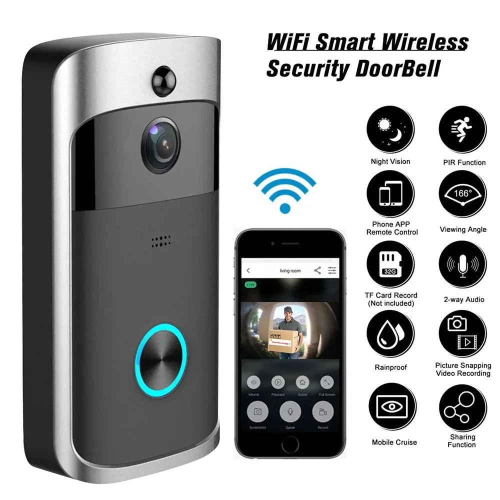 Smart Home Video - 720P HDスマートホーム対応、ワイヤレスWi-Fiドアベルカメラ、セキュリティビデオインターホン、赤外線暗視機能、AC電源/バッテリー駆動、住宅用ドアベル、新品。